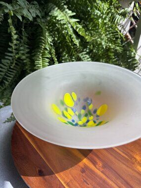 Vintage Richartz Frosted Glass Bowl, Yellow Green Blue Internal confetti spots